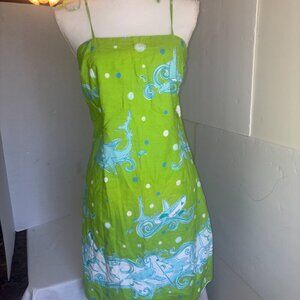 Lilly Pulitzer Vintage White Label Green Shark Print Sheath Mini Dress Tie 10